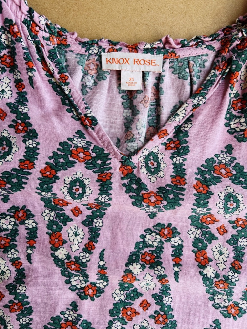Knox Rose Pink/Purple Boho Floral Mini Dress Ruffle Hem Peasant Sleeve Size XS - Picture 7 of 8